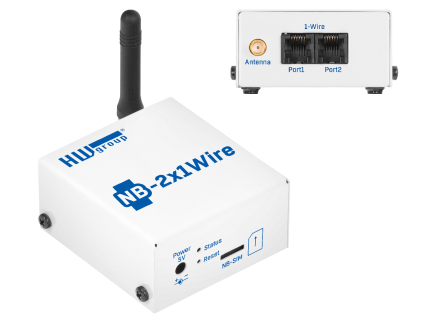 Boîtier de supervision NB-IoT HWgroup NB-2x1Wire avec antenne, vue de trois quarts
