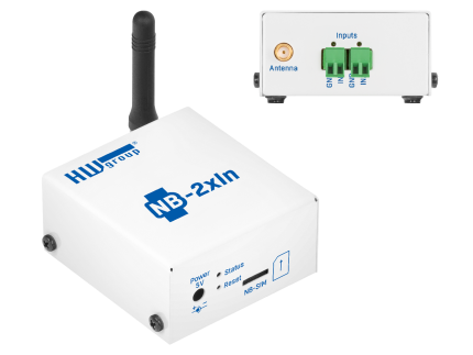Boîtier NB-IoT HWgroup NB-2xIN à 2 entrées contact sec, vue de trois quarts