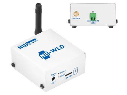 Détecteur de fuite d'eau NB-IoT HWgroup NB-WLD avec antenne, vue de trois quarts