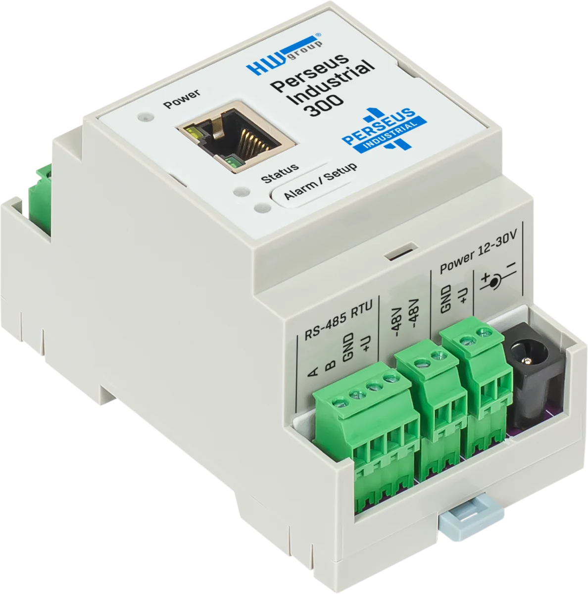 Boîtier de supervision IP HWgroup Perseus Industrial 300 pour rail DIN, vue avant Boîtier de supervision IP HWgroup Perseus Industrial 300 pour rail DIN, vue avant