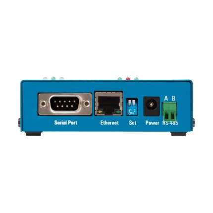 Face avant du PortBox2 avec port DB9, prise RJ45, jack et bornier RS-485