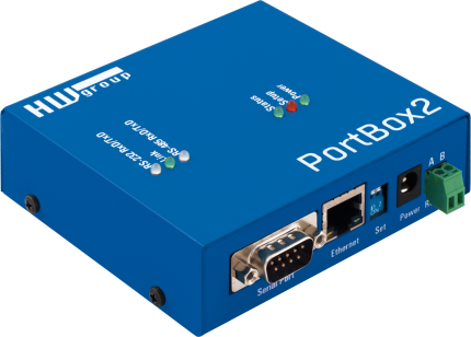 Serveur de port série HWgroup PortBox2 en boîtier métal bleu, vue de trois quarts