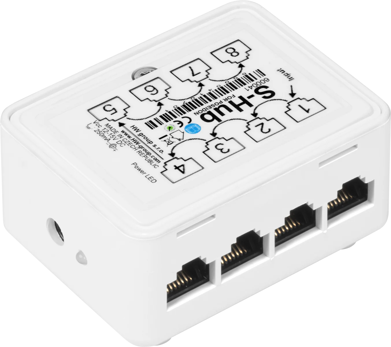 Côté du HWgroup Poseidon S-Hub avec prise jack d'alimentation 12 V