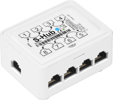 Hub capteurs RS-485 HWgroup Poseidon S-Hub avec ses ports RJ45, vue de trois quarts