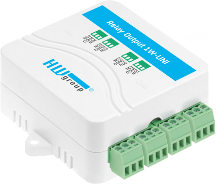 Relay Output 1W-UNI HWgroup avec les borniers des quatre sorties relais NO/NC