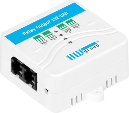 Module HWgroup Relay Output 1W-UNI vu de face avec ses deux prises RJ11