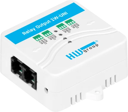 Module HWgroup Relay Output 1W-UNI vu de face avec ses deux prises RJ11