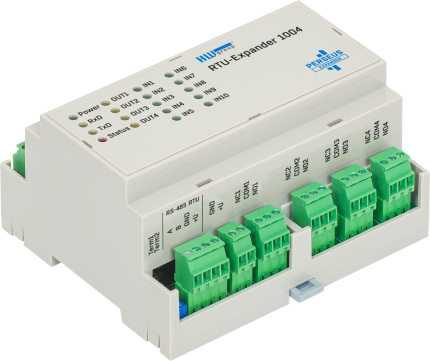 Module E/S Modbus RTU HWgroup RTU-Expander 1004 sur rail DIN, vue de trois quarts