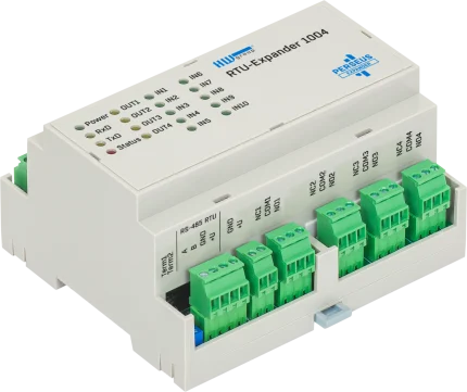 Module E/S Modbus RTU HWgroup RTU-Expander 1004 sur rail DIN, vue de trois quarts