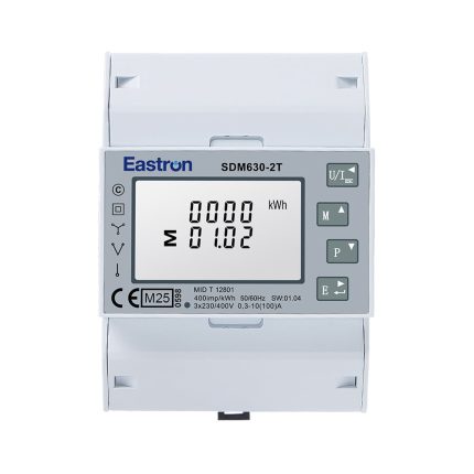 Compteur triphasé bi-tarif SDM630-2T avec afficheur LCD, vue de face