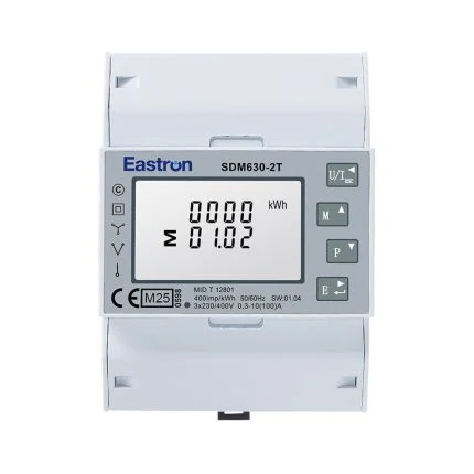 Compteur triphasé bi-tarif SDM630-2T avec afficheur LCD, vue de face