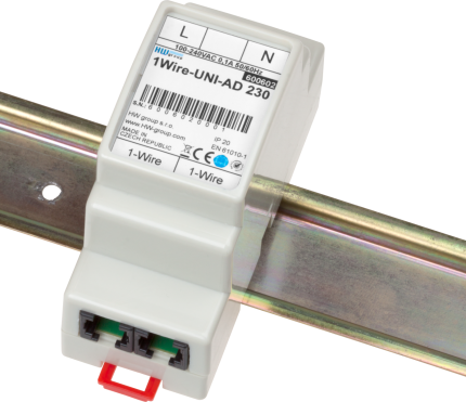 Module HWgroup 230V AC 1W-UNI monté sur rail DIN avec ses deux ports RJ11
