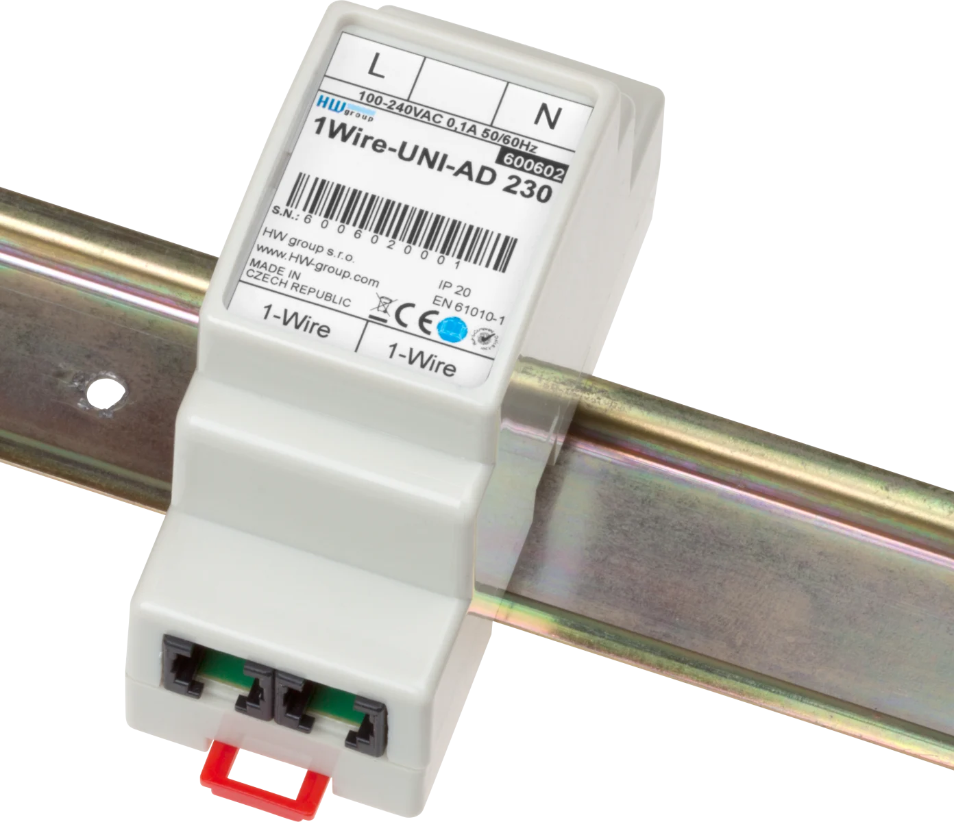 Module HWgroup 230V AC 1W-UNI monté sur rail DIN avec ses deux ports RJ11