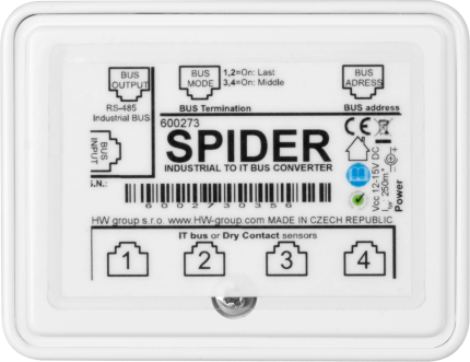 Face supérieure du HWgroup Spider avec marquage des entrées et réglages DIP