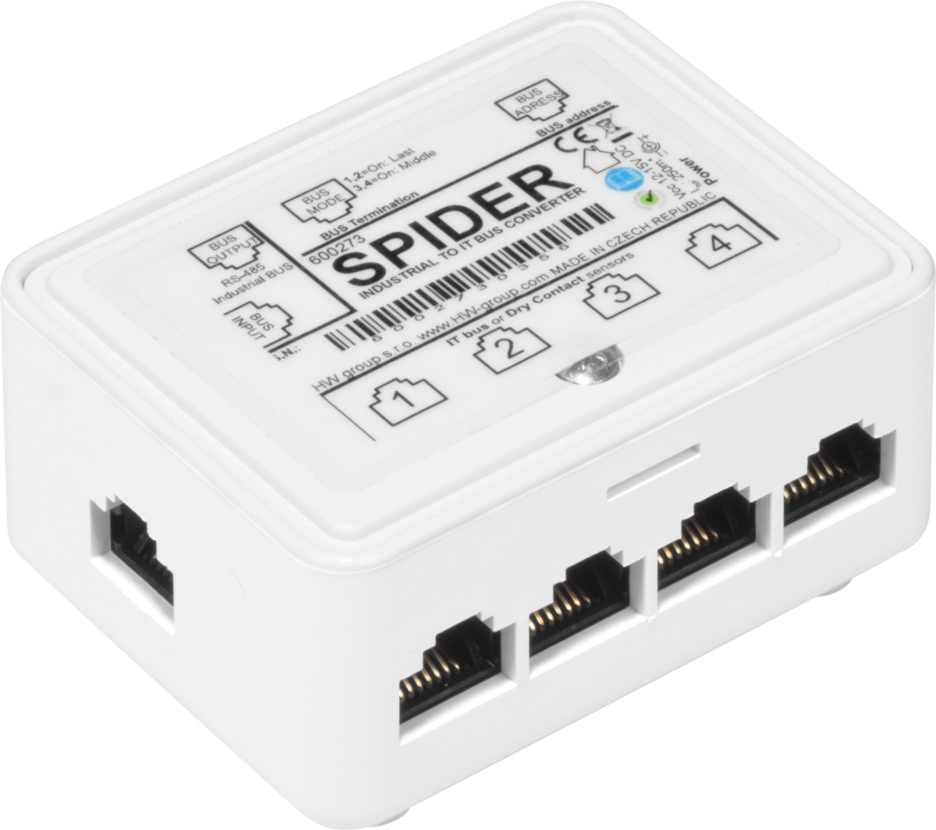 Hub d'extension HWgroup Spider avec quatre entrées RJ11 et ports RJ45 RS-485 Hub d'extension HWgroup Spider avec quatre entrées RJ11 et ports RJ45 RS-485