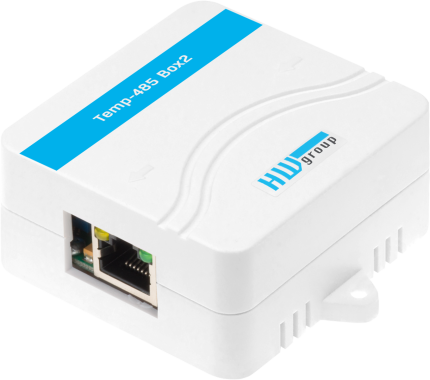 Sonde HWgroup Temp-485 Box2 vue de trois quarts avec sa prise RJ45 de bus
