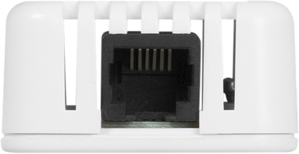 Connecteur RJ11 du capteur HWgroup Temp HomeBox, vue de côté du boîtier