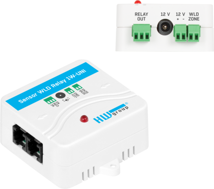 HWgroup Sensor WLD Relay 1W-UNI, entrée zone WLD et sortie relais repérées