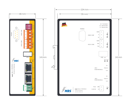 Plan coté de la passerelle MBS maxi Mk II PROFIBUS de 48 mm de large