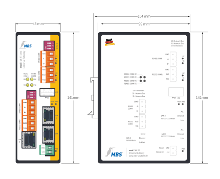 Plan coté de la passerelle MBS maxi Mk II x-link et de ses ports série