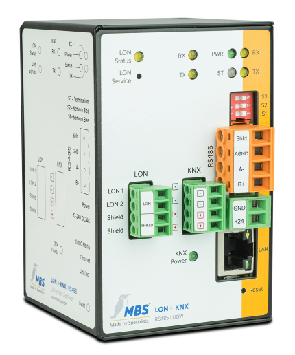 Passerelle KNX et LON MBS Triple-X version RS-485, vue en perspective
