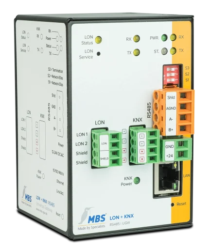 Passerelle KNX et LON MBS Triple-X version RS-485, vue en perspective