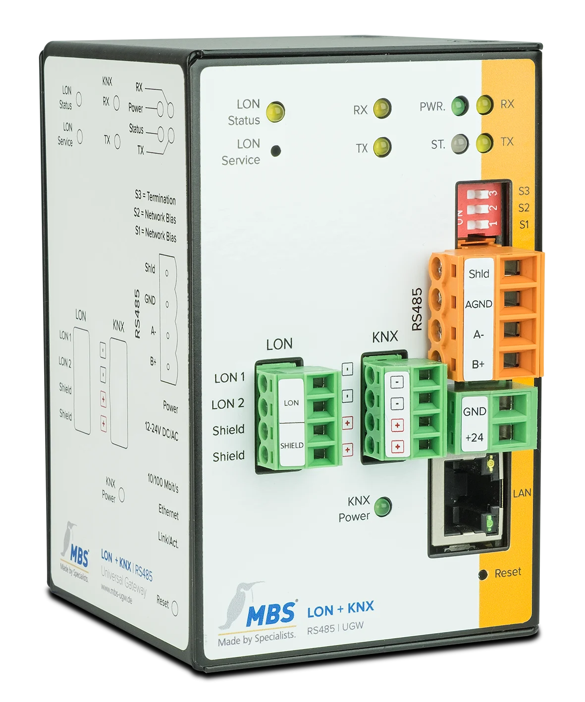 Passerelle KNX et LON MBS Triple-X version RS-485, vue en perspective
