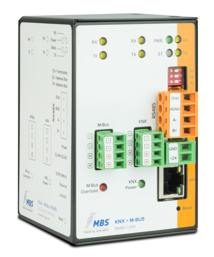 Passerelle KNX et M-Bus MBS Triple-X version RS-485, vue en perspective