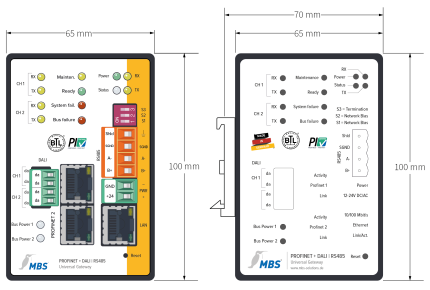 Plan coté de la face avant MBS Triple-X PROFINET + DALI avec bornes DALI