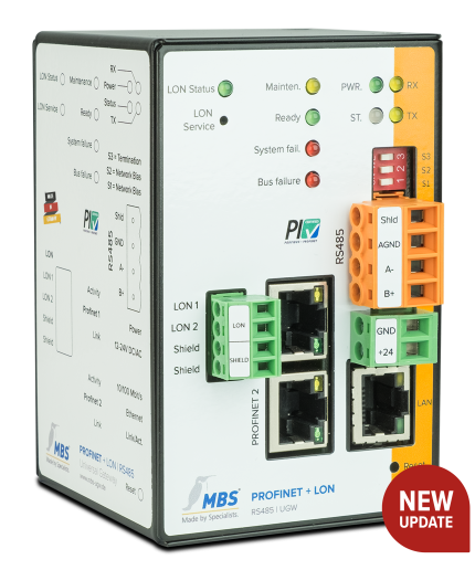 Passerelle MBS Triple-X PROFINET et LON pour rail DIN, vue en perspective