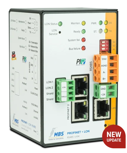 Passerelle MBS Triple-X PROFINET et LON pour rail DIN, vue en perspective