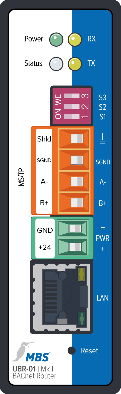 Face avant du routeur BACnet MBS UBR-01 Mk II avec bornier MS/TP et port LAN