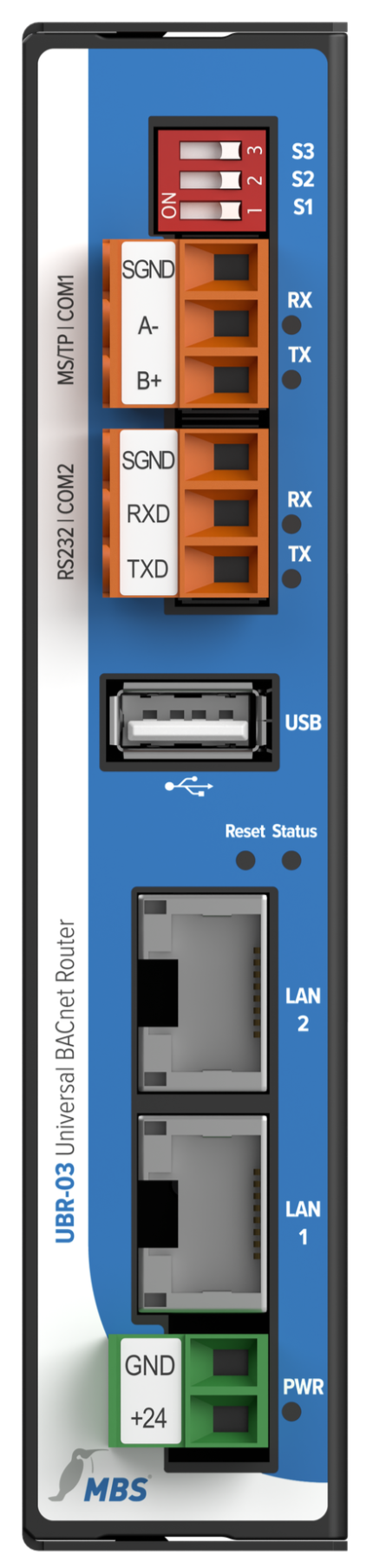 Face avant du MBS UBR-03 avec deux ports LAN Gigabit et port MS/TP
