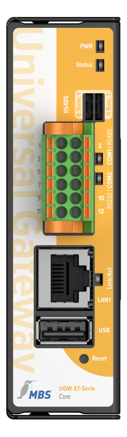 Face avant du MBS XT Core avec ports RS-485, RS-232 et Ethernet