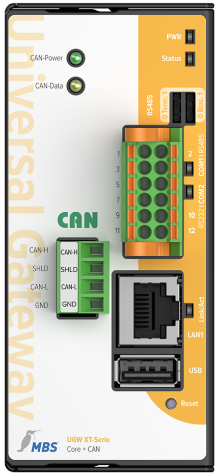 Face avant de la passerelle MBS XT Core + CAN avec bornier CAN et ports série