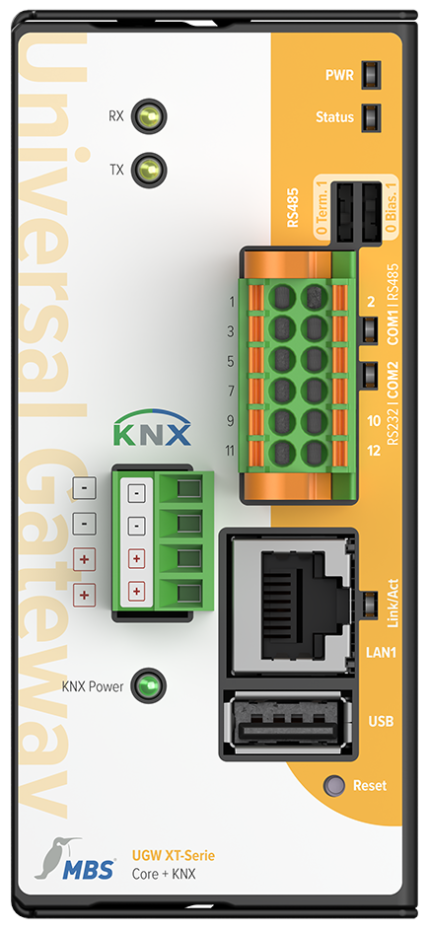 Face avant du MBS XT Core + KNX avec bornier KNX et ports série