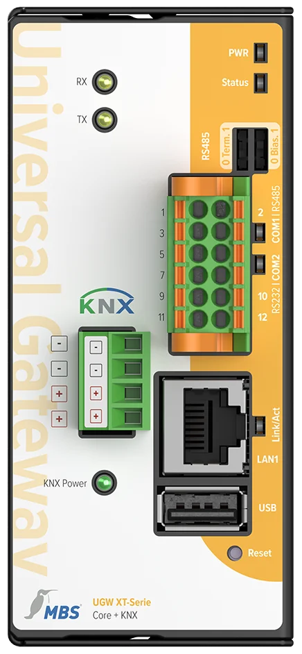 Face avant du MBS XT Core + KNX avec bornier KNX et ports série