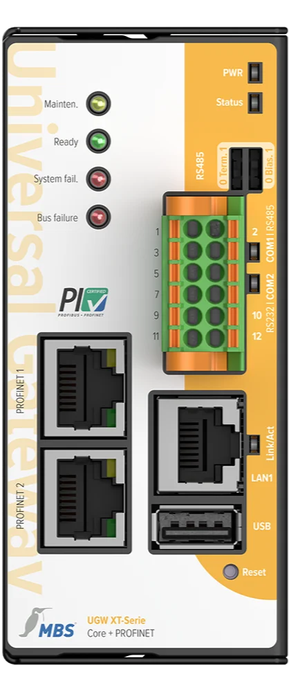 Face avant de la passerelle MBS XT Core + PROFINET avec ses deux ports PROFINET
