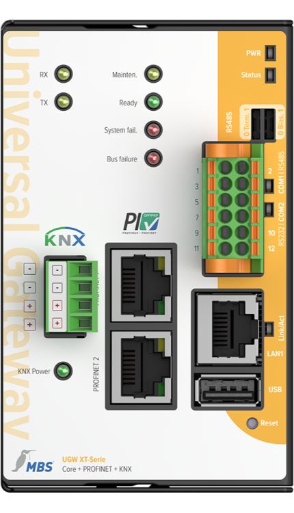 Face avant de la passerelle MBS XT Core + PROFINET + KNX avec bornier KNX