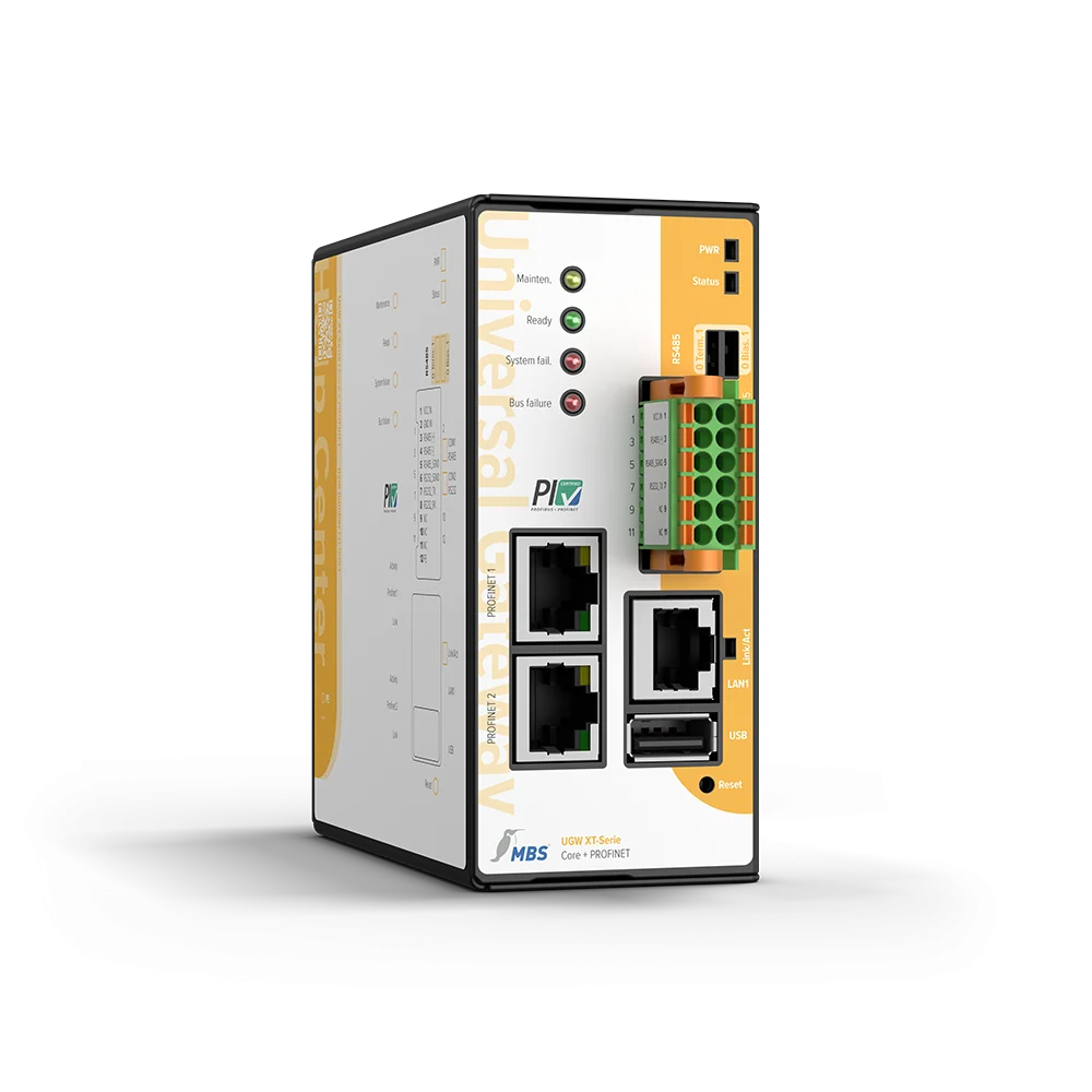Passerelle PROFINET MBS XT Core + PROFINET pour rail DIN, vue en perspective Passerelle PROFINET MBS XT Core + PROFINET pour rail DIN, vue en perspective
