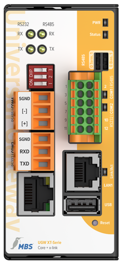 Face avant du MBS XT Core + x-link, deux RJ45 et quatre ports série