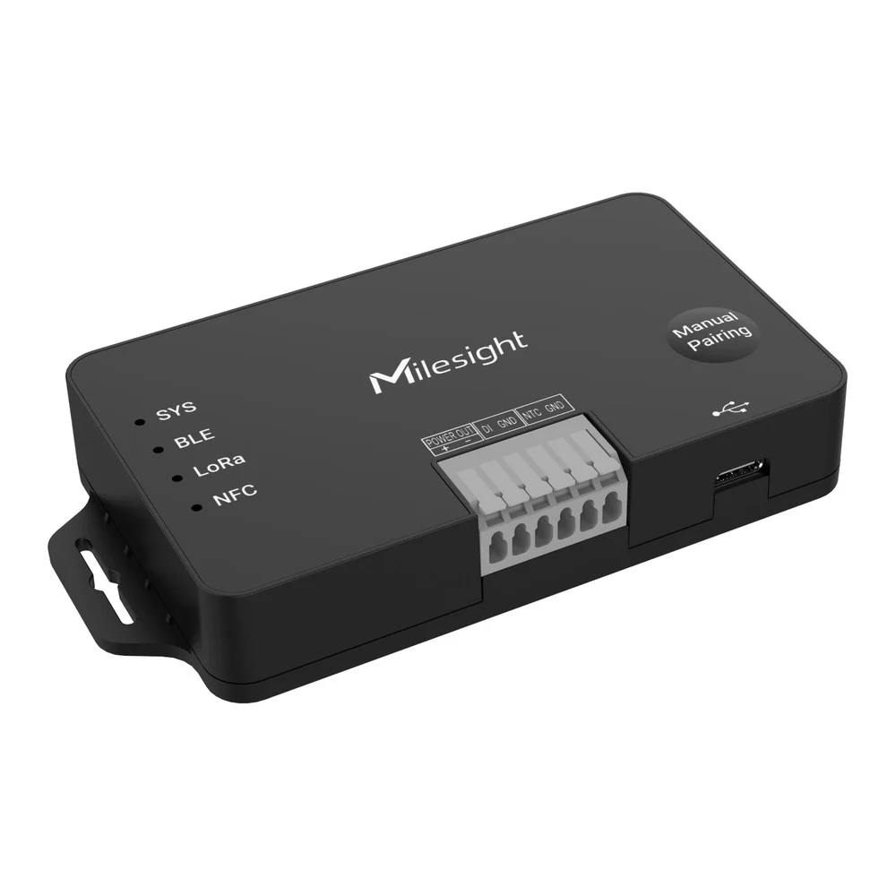 Contrôleur CVC LoRaWAN Milesight UC711 avec voyants SYS, BLE, LoRa et NFC et bornier débrochable