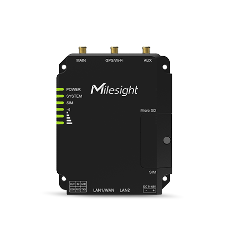 Routeur 4G industriel Milesight UR32 boîtier métal noir, vue de face Routeur 4G industriel Milesight UR32 boîtier métal noir, vue de face