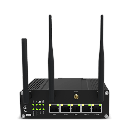 Routeur 4G industriel Milesight UR35 avec cinq ports Ethernet et antennes, vue de face