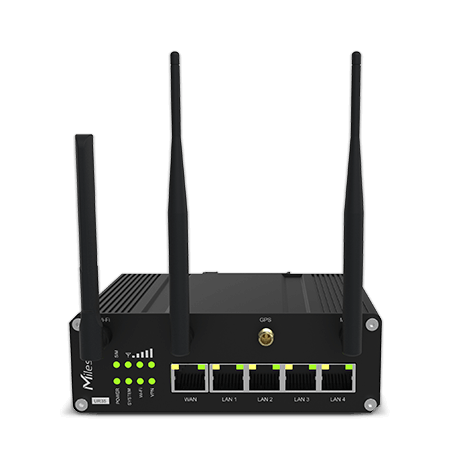 Routeur 4G industriel Milesight UR35 avec cinq ports Ethernet et antennes, vue de face Routeur 4G industriel Milesight UR35 avec cinq ports Ethernet et antennes, vue de face