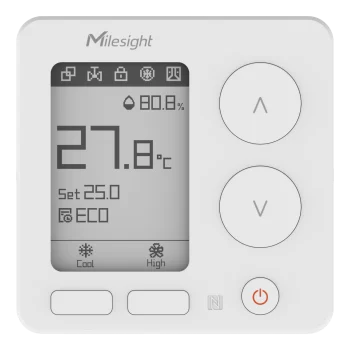 Thermostat LoRaWAN Milesight WT303 / WT304 pour ventilo-convecteur, écran e-ink, vue de face