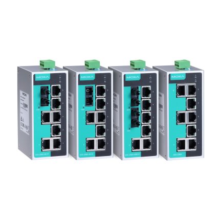Gamme de switchs Moxa EDS-208A en versions cuivre et fibre optique côte à côte