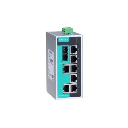Switch industriel Moxa EDS-208A avec ports fibre, boîtier aluminium pour rail DIN