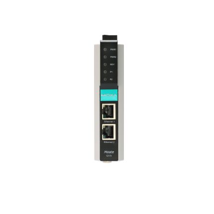 Face avant de la Moxa MGate 5217 avec voyants et deux ports Ethernet RJ45