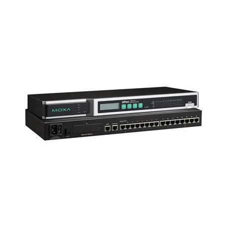 Serveur de terminaux sécurisé seize ports Moxa NPort 6650-16 en rack, vue produit Serveur de terminaux sécurisé seize ports Moxa NPort 6650-16 en rack, vue produit